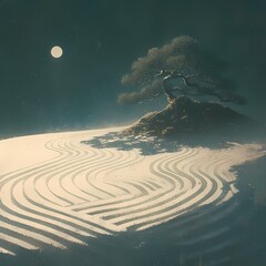 Tranquil Japanese Garden with Raked Sand and Ancient Tree under Moonlight