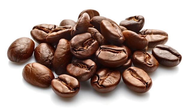 Close-up of fresh roasted coffee beans on a white background. Ideal for cafes and food blogs. High-resolution image for advertisers. AI