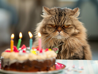 A angry cat celebrating its birthday, party, cake
