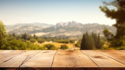 The empty wooden brown table top with blur background of Napa hill landscape. Exuberant image. generative AI - obrazy, fototapety, plakaty
