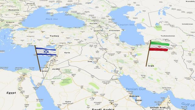 Iran and israel flags showing on world map with 3d rendering
