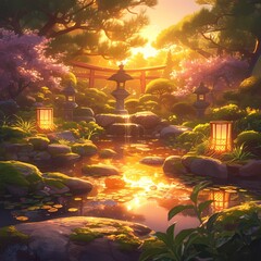 A dreamy scene of a Japanese teahouse surrounded by cherry blossoms and glowing lanterns at sunrise. - obrazy, fototapety, plakaty
