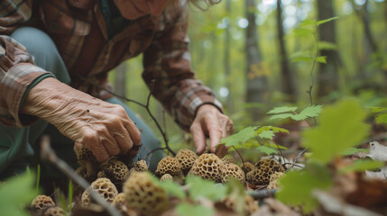 Senior woman harvesting morel mushrooms in a forest. - obrazy, fototapety, plakaty