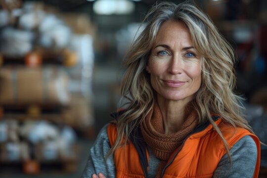 A woman wearing an orange vest stands in a warehouse, surrounded by shelves and boxes