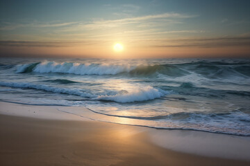 Ocean waves with a sunset in the background.