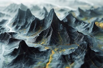 A computer-generated depiction of a majestic mountain range with towering peaks and deep valleys