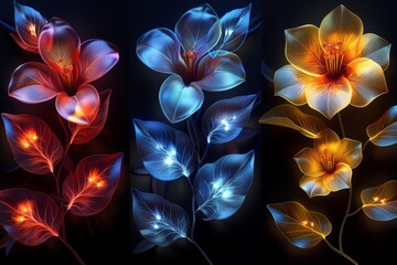Three distinct flowers are displayed in an array of colors, showcasing the diversity of natures flora