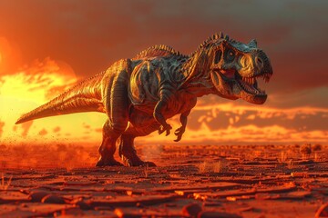 A massive dinosaur towering over a barren dirt field, showcasing its imposing size and dominance in...