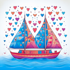 Sailboats with hearts in background, colorful illustrations