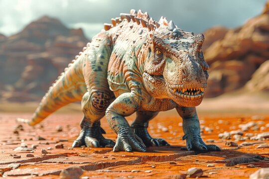 A toy dinosaur is walking across a red dirt field