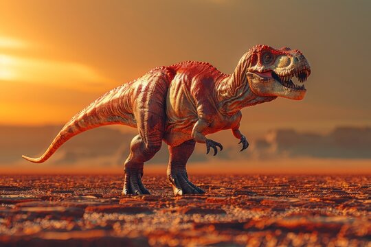 A large dinosaur dominates the landscape, standing on top of a dry grass field