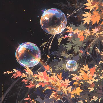 Dreamy Scene with Translucent Bubbles and Golden Leaves - Perfect for Marketing Campaigns