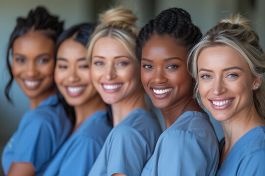 A group of female medical professionals wearing scrubs stand together, smiling and posing for a picture in a hospital setting