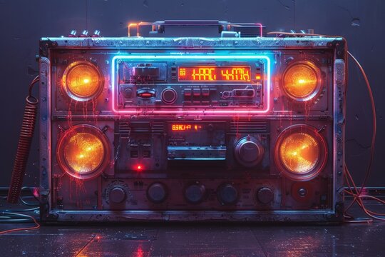 A boombox with a neon light glowing on top of it, creating a vibrant and urban aesthetic