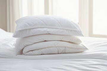 bed with pillows white folded duvet lying on white clean bed background.