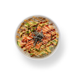 Overhead view of Starter Poke Bowl with Kani Cucumber Avocado and other ingredients on white background with Clipping PATH - 785628804
