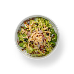 Overhead view of Yellowtail Poke Bowl on white background with clipping PATH - 785628866