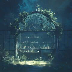 Enchanting greenhouse with arched entrance and lush greenery. An inviting space for botany and scientific exploration. - obrazy, fototapety, plakaty