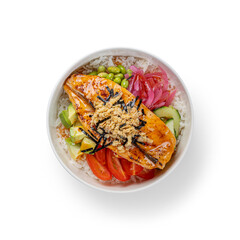 Overhead view of a cooked cooked Salmon Poke Bowl with pickled red onion, edamame, avocado and tomato, topped with  crisp onion, nori flakes and Mango Chili Sauce. Image with clipping PATH - 785629017