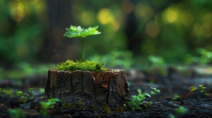 Renewal of Life: Young Tree Sprouting from an Old Stump Generative AI - obrazy, fototapety, plakaty