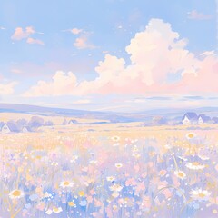 Obraz na płótnie Canvas Embrace the tranquility of nature with this breathtaking meadow scene. Soft hues and vibrant flowers create a picturesque landscape for any project.