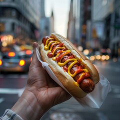 A Person Holding A Hot Dog With Ketchup And Mustard On The Street, Daylight