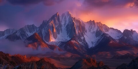 Panoramic view of snow mountains range landscape. Generative AI.