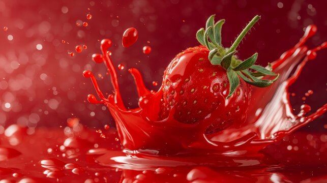 Vivid red paint splash with tomatoes and strawberries, evoking tomato ketchup or juice splashes