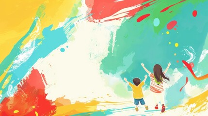 horizontal banner, watercolor illustration, international children's day, silhouettes of children, paint strokes, light background, copy space, free space for text