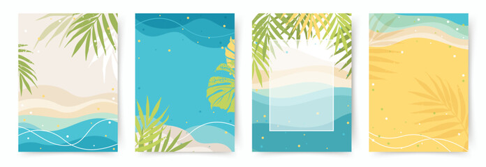 Naklejka premium Colorful Summer and Travel Background. Theme of vacation and Beach. Editable vector templates with Exotic Nature elements for poster, banner, cover, card, story, summer Sale
