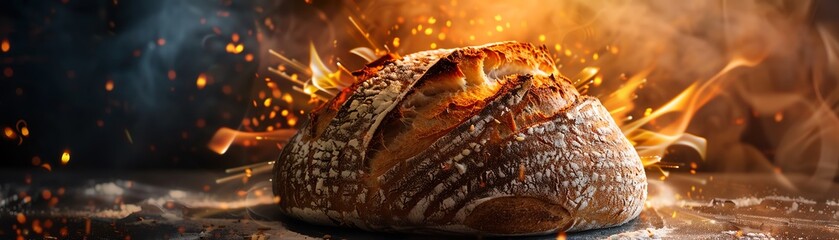 A freshly baked, crusty loaf of sourdough bread, cinematic, food professional photography, studio lighting, modern restaurant background, Michelin star, splash fire, advertising photography, intricate - obrazy, fototapety, plakaty