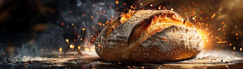 A freshly baked, crusty loaf of sourdough bread, cinematic, food professional photography, studio lighting, modern restaurant background, Michelin star, splash fire, advertising photography, intricate - obrazy, fototapety, plakaty