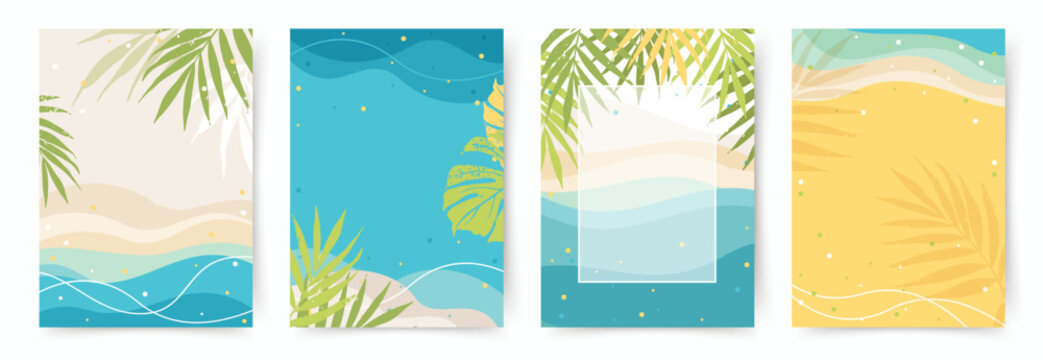 Fototapeta Colorful Summer and Travel Background. Theme of vacation and Beach. Editable vector templates with Exotic Nature elements for poster, banner, cover, card, story, summer Sale