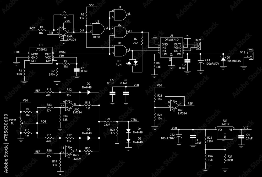 Poster schematic diagram of electronic device. vector drawing electrical circuit with logic gate, operation