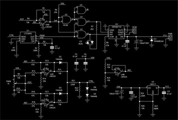 Schematic diagram of electronic device. Vector drawing electrical circuit with 
logic gate, operational amplifier, 
microcontroller, integrated circuit, 
resistor, capacitor, diode on paper sheet.