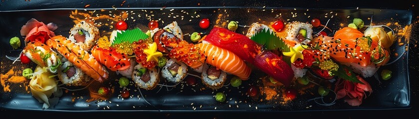 Sushi platter arranged artistically with vibrant colors, cinematic, food professional photography, studio lighting, modern restaurant background, Michelin star, splash fire, advertising photography, i