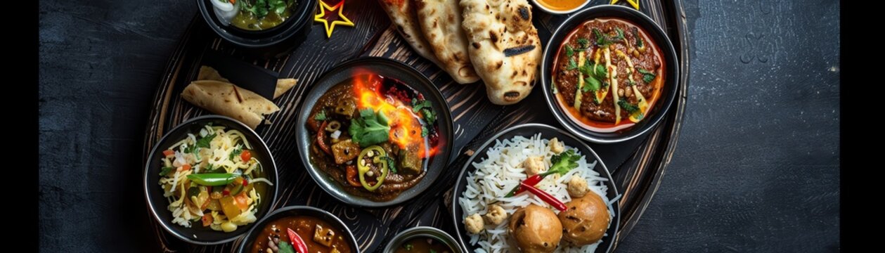 A traditional Indian thali with an assortment of dishes and bread, cinematic, food professional photography, studio lighting, modern restaurant background, Michelin star, splash fire, advertising phot