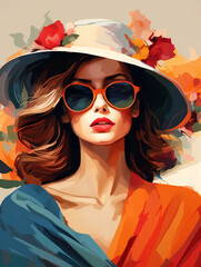 Woman in orange sunglasses with red lipstick, summer hat posing for an artist. colorful background. 
