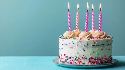 Fotobehang Cheerful Birthday Cake with Six Candles on Pastel Blue Generative AI © Alex