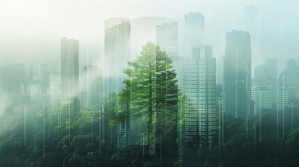 City center landscape with double exposure overlay of green summer forest