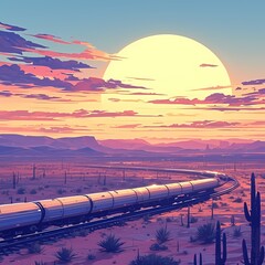 A modern hyperloop train journeying through a serene desert landscape under the warm glow of a sunset.
