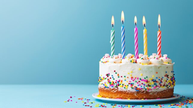Cheerful Birthday Cake with Six Candles on Pastel Blue Background Generative AI