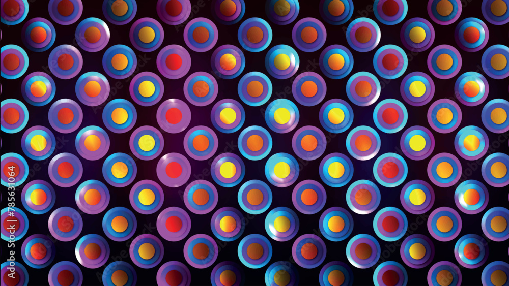 Poster rainbow illusion of neon circles in rows in a dark space, abstract futuristic background. background