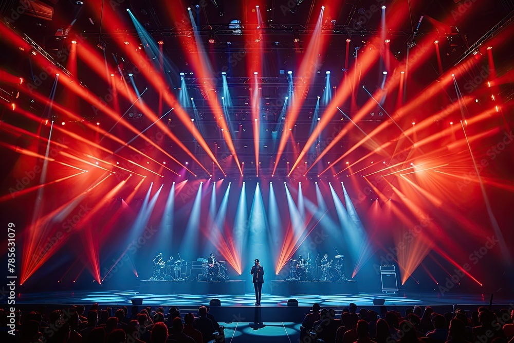 Poster a stage with a singer in the middle and a large audience watching. the stage is lit up with red and 