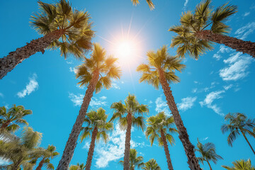 Blick auf Palmen vor sonnigem blauem Himmel