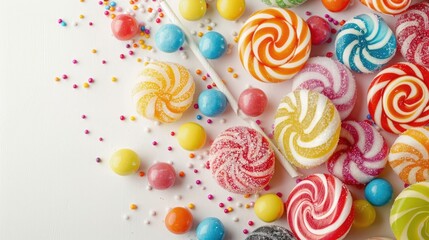 horizontal banner, international children's Day, striped round lollipops, multi-colored candies on a light background, treats for children
