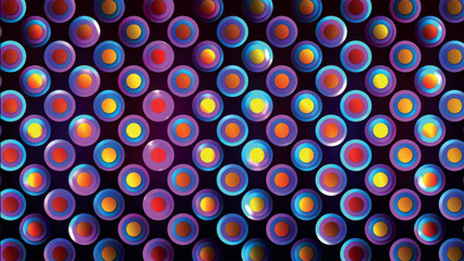 Rainbow illusion of neon circles in rows in a dark space, abstract futuristic background. Background of neon circles in rainbow colors. Abstract festive background for advertising, congratulations