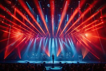 A stage with a singer in the middle and a large audience watching. The stage is lit up with red and blue lights