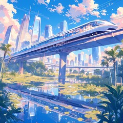 A futuristic monorail soars above a vibrant cityscape, offering an effortless journey through the urban jungle.