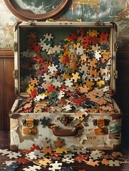 Colorful Jigsaw Puzzle Pieces Spilling Out of a Vintage Suitcase in a Cozy Traveler's Room